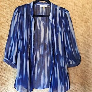 CALVIN KLEIN BLUE TIE-DYE FANCY BUTTON SHEER TOP